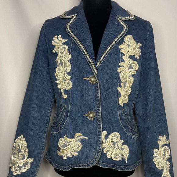 Live a Little Jackets & Blazers - Upcycled Embellished Handstitched Bridal Vintage Lace Demin Jacket/Blazer S/M